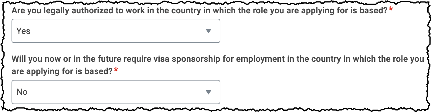 Screen shot from a 2022 Workday form that asks the question &ldquo;Are you legally authorized to work in the country in which the role you are applying for is based?&rdquo;