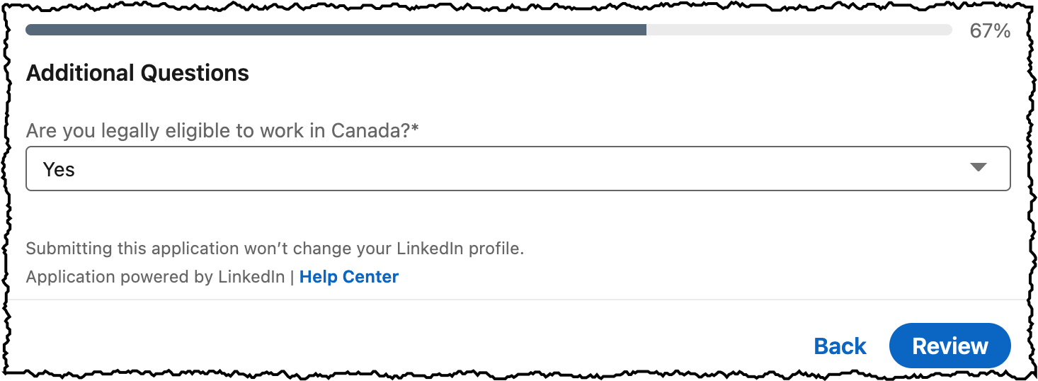 Screen shot from a 2022 LinkedIn EasyApply form that asks the question &ldquo;Are you legally eligible to work in Canada?&rdquo;