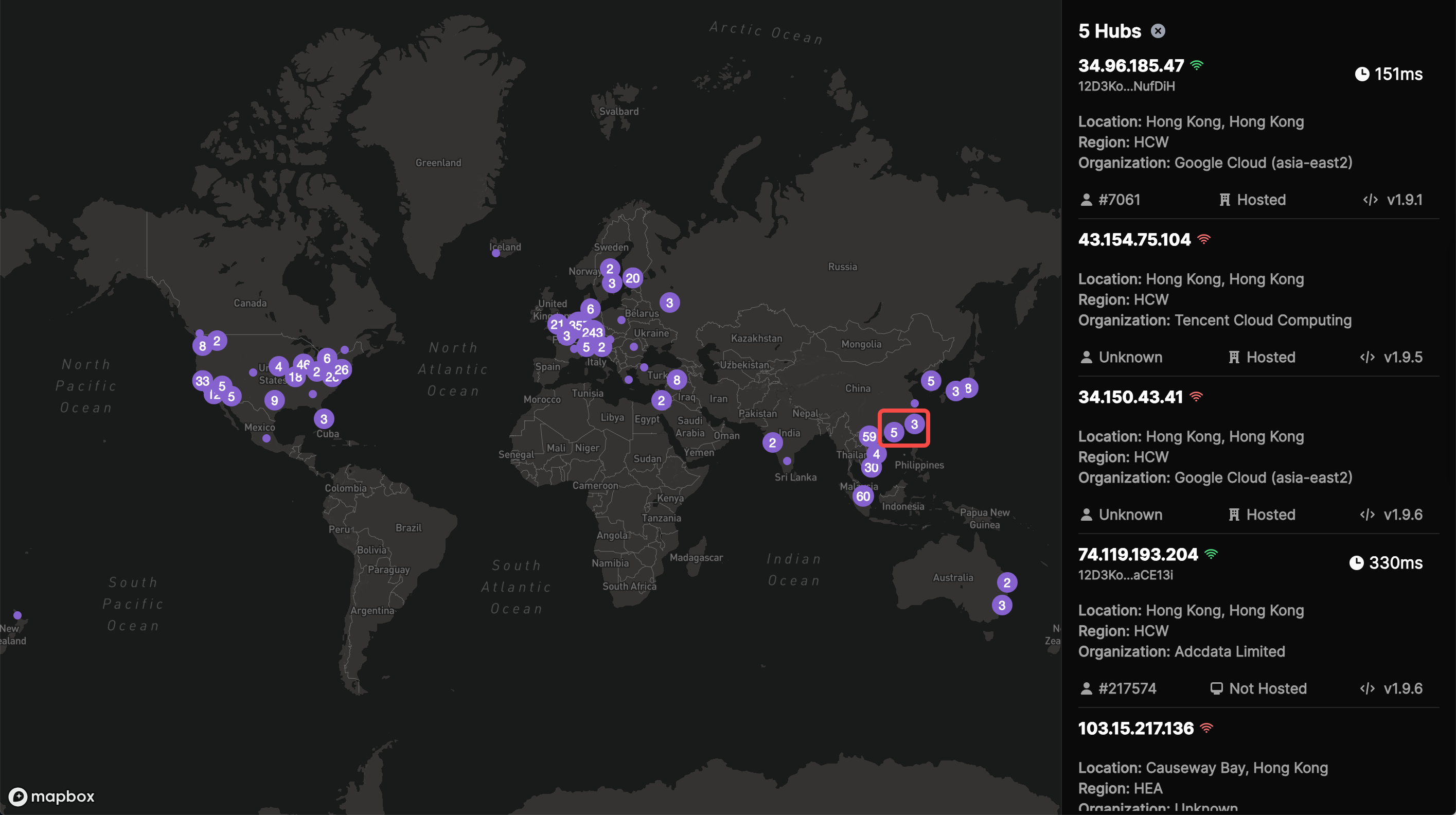 （数据来源：@spindl 制作的Hubs全球分布地图 https://farcaster.spindl.xyz/）​